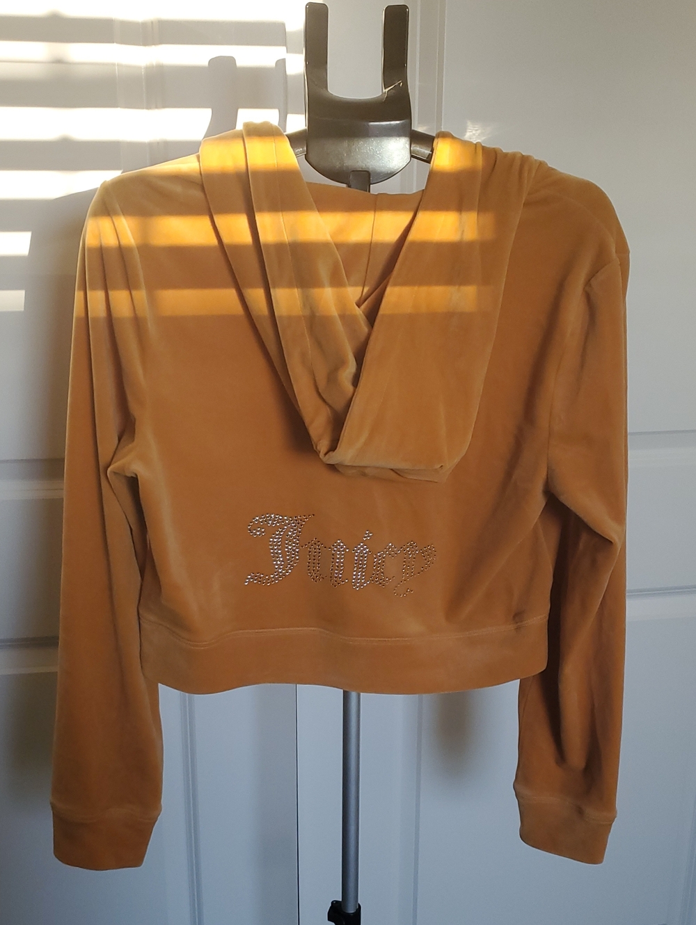 Juicy Couture Rhinestone Logo Velvet Cropped Hoodie - Mustard Gold